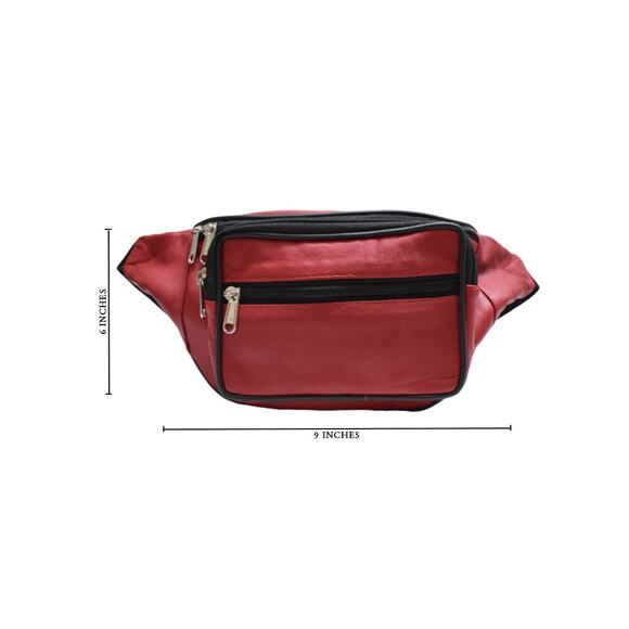 Red Leather Fanny Pack Adjustable Strap, Waist Bag with Multiple Zipper Pockets - Picture 4 of 4